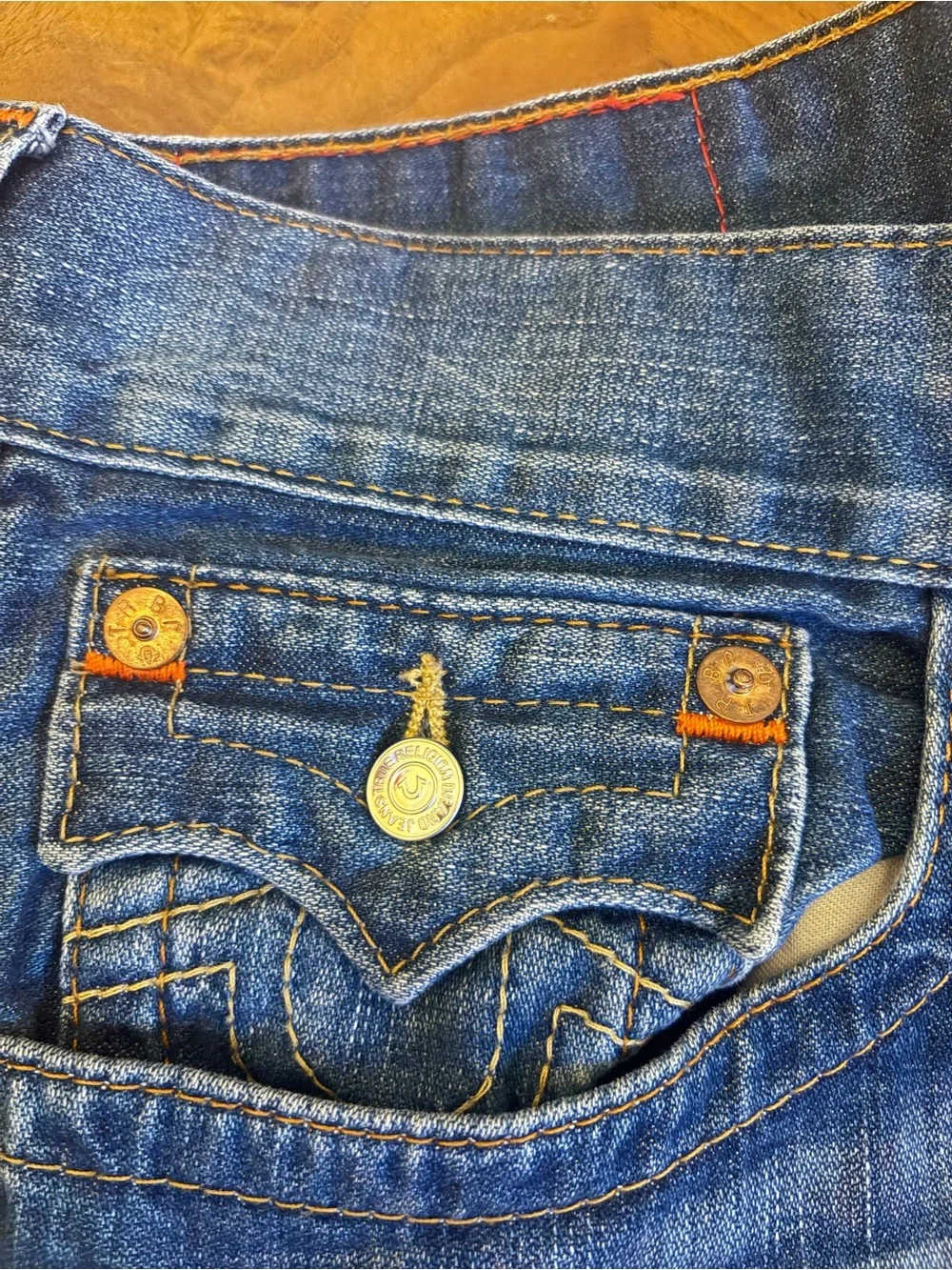 True Religion Men's Straight Jeans in Blue with Gold Stitching